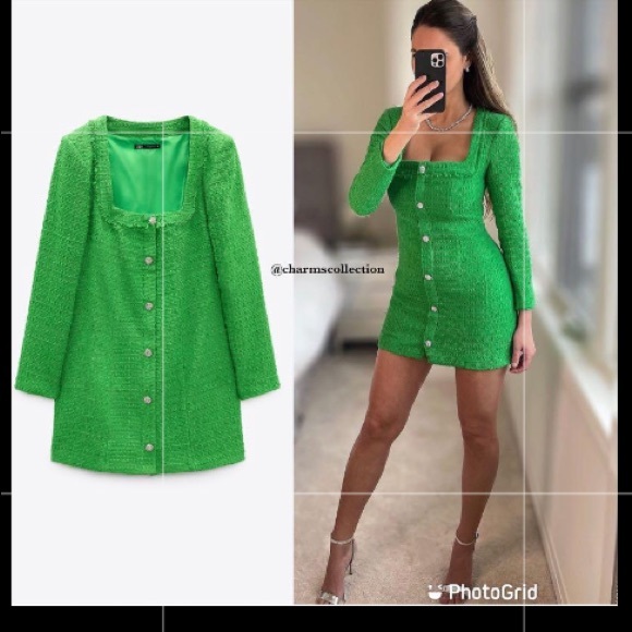 Zara Dresses & Skirts - NWT Zara Blogger Fav Textured Weave Tweed Bright Green Long Sleeve Dress